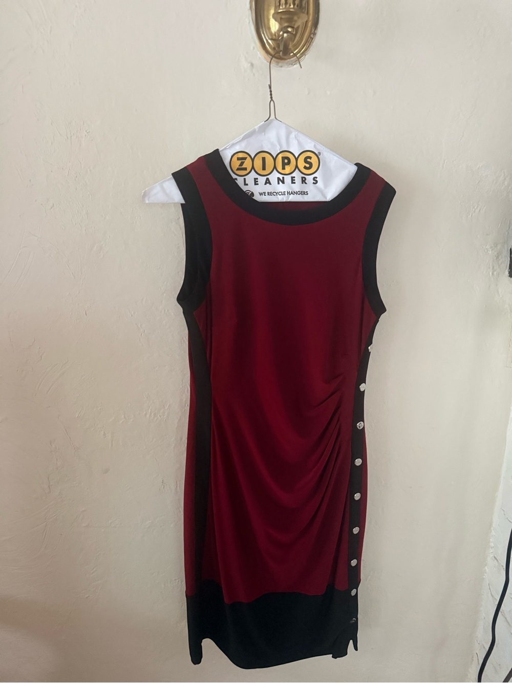 Ralph Lauren Burgundy and Black Sleeveless Midi Sheath Dress with Side Buttons